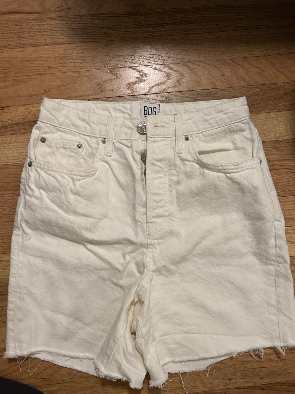 BDG White High-Rise Raw Hem Denim Shorts